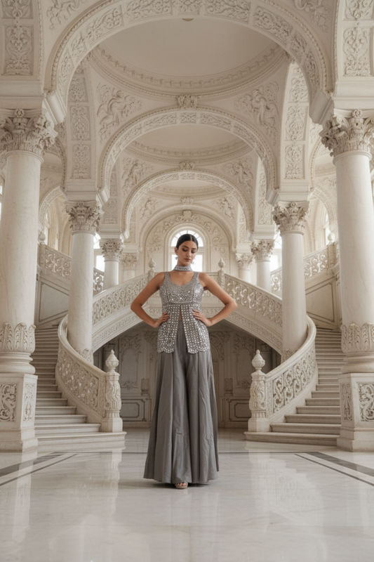 Olive Shimmer Readymade Sharara Set With Shimmer Dupatta