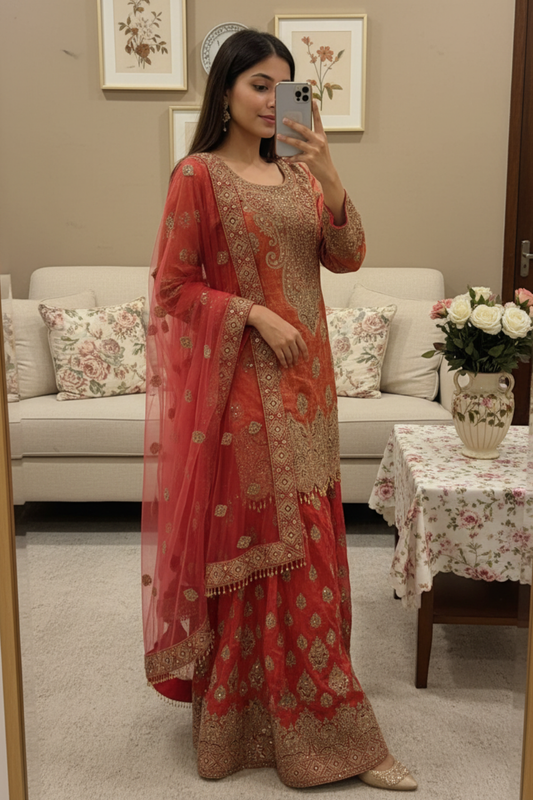 Dark Gajari Shimmer Readymade Sharara Set With Net Dupatta