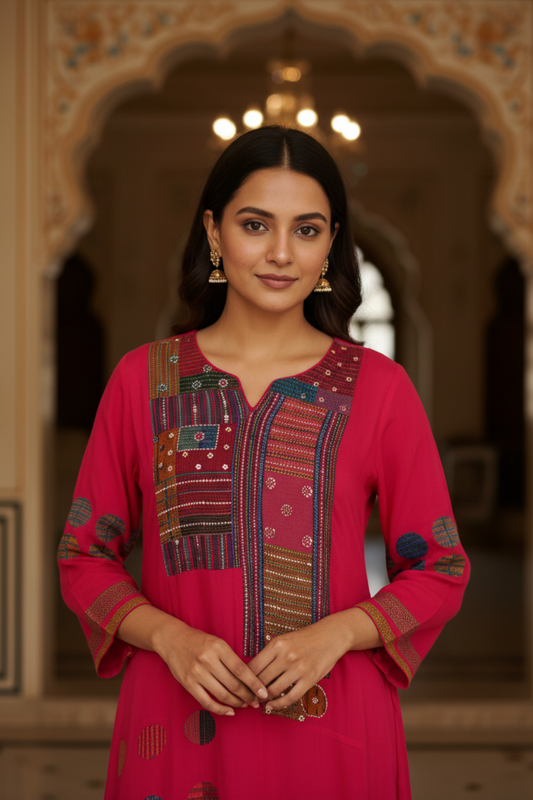 Rani Crepe Readymade Suit & Palazzo Pants With Chiffon Dupatta