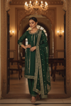 Bottle Green With Maroon Organza Readymade Suit & Palazzo Pant With Organza Dupatta