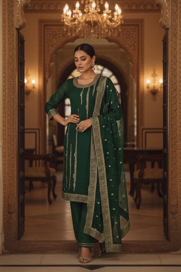 Bottle Green With Maroon Organza Readymade Suit & Palazzo Pant With Organza Dupatta