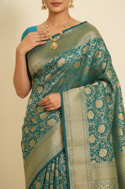 Soft Hues Rama Crepe Silk Saree With Unstitched Blouse