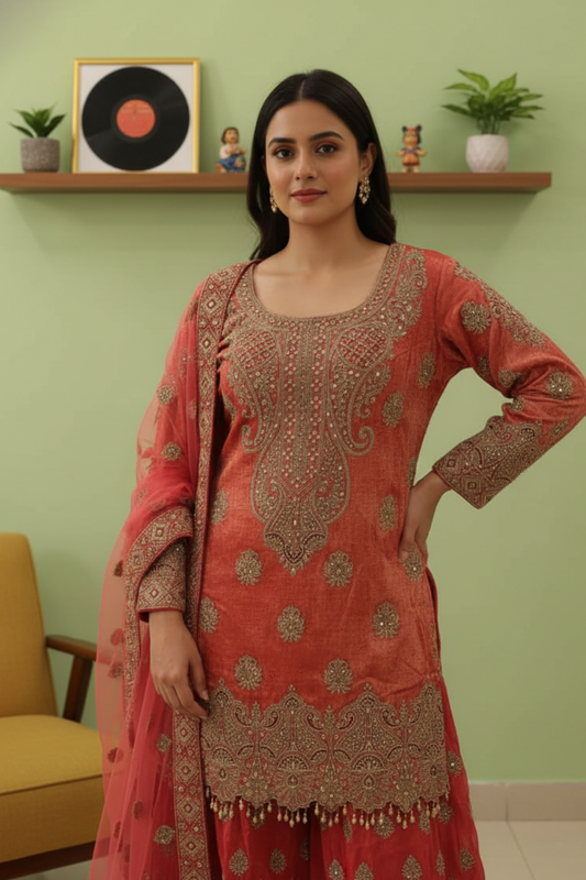 Dark Gajari Shimmer Readymade Sharara Set With Net Dupatta