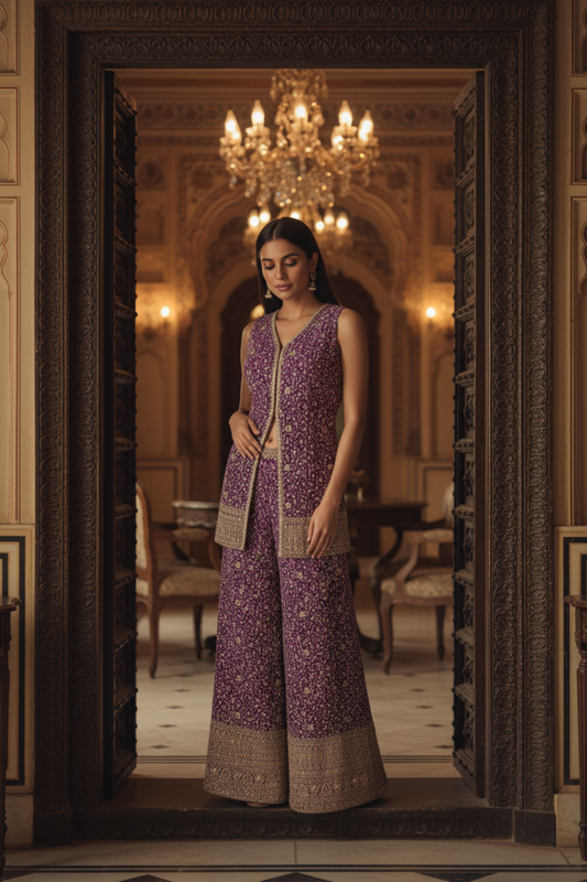 Purple Georgette Readymade Sharara Set With Chinon Dupatta