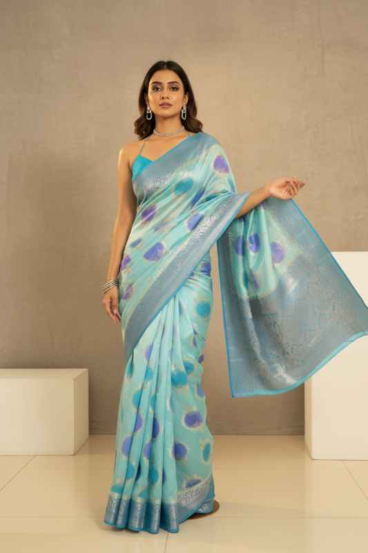 Timelessly Yours Sky Blue Banarasi Silk Saree With Unstitched Blouse