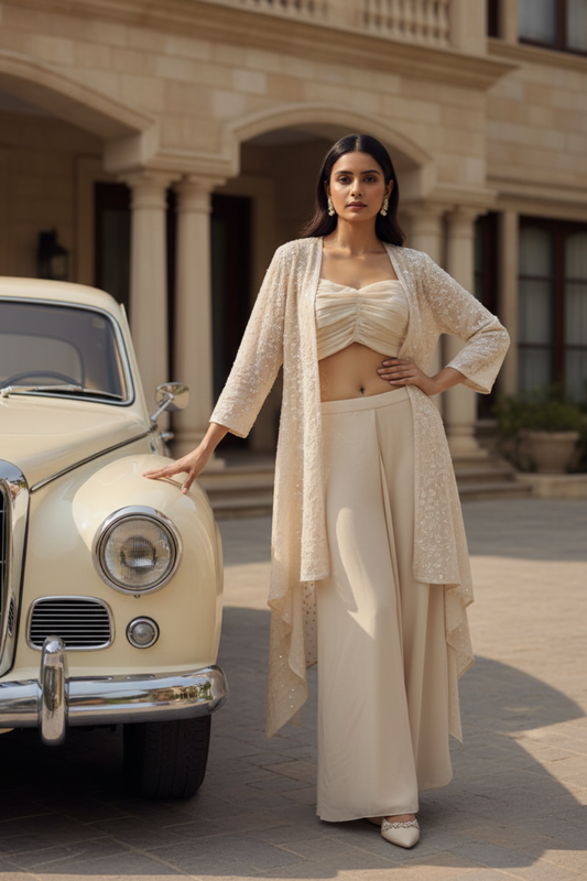 Tussar Georgette Readymade Short Top Sharara Set With Shrug