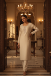 Off White Cotton Readymade Suit & Palazzo Pant With Organza Dupatta