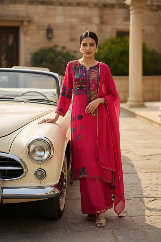 Rani Crepe Readymade Suit & Palazzo Pants With Chiffon Dupatta