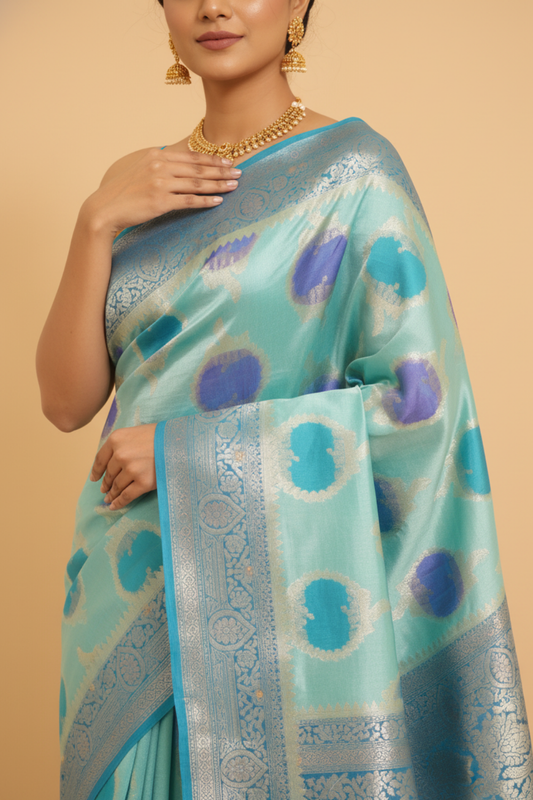Timelessly Yours Sky Blue Banarasi Silk Saree With Unstitched Blouse