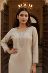 Off White Cotton Readymade Suit & Palazzo Pant With Organza Dupatta