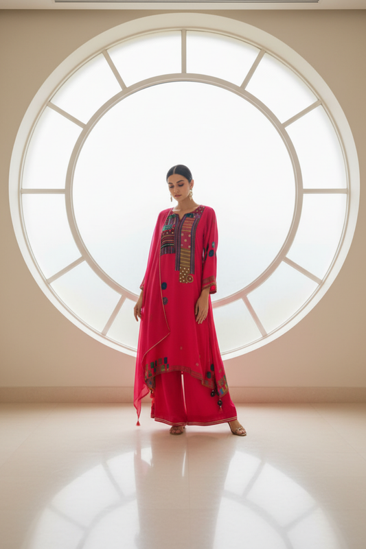 Rani Crepe Readymade Suit & Palazzo Pants With Chiffon Dupatta