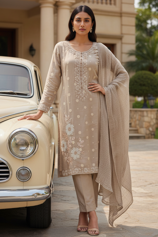 Tussar Shimmer Readymade Suit & Palazzo Pant With Chinon Dupatta