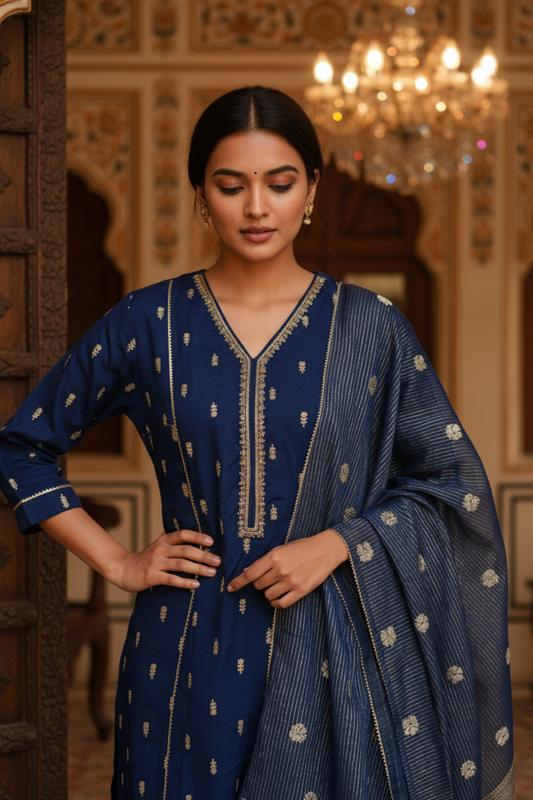 Royal Blue Dola Readymade Suit & Palazzo Pant With Tissue Dupatta