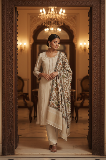 Off White Cotton Readymade Suit & Palazzo Pant With Organza Dupatta