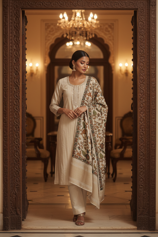 Off White Cotton Readymade Suit & Palazzo Pant With Organza Dupatta