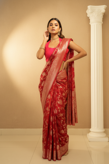 Grace Redefined Red Banarasi Silk Saree With Unstitched Blouse