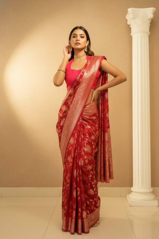 Grace Redefined Red Banarasi Silk Saree With Unstitched Blouse
