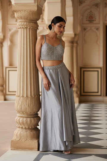 Bluish Grey Net Readymade Sharara Set With Net Dupatta