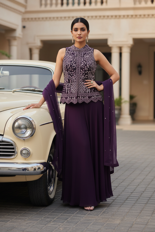 Wine Georgette Readymade Sharara Set With Georgette Dupatta