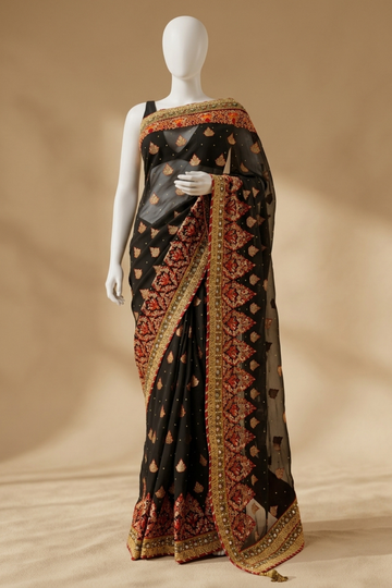 Black Georgette Embroidered Saree With Unstitched Blouse