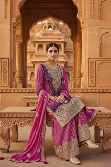 Draped in Royalty Purple Chinon Readymade Sharara Set With Chinon Dupatta