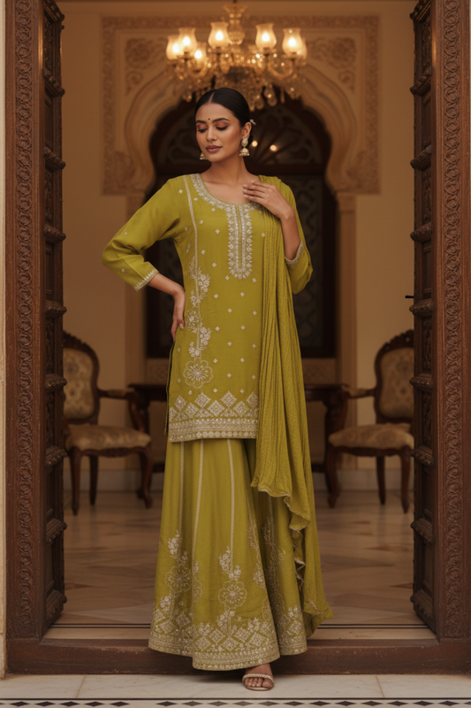 Parrot Shimmer Readymade Sharara Set With Chinon Dupatta
