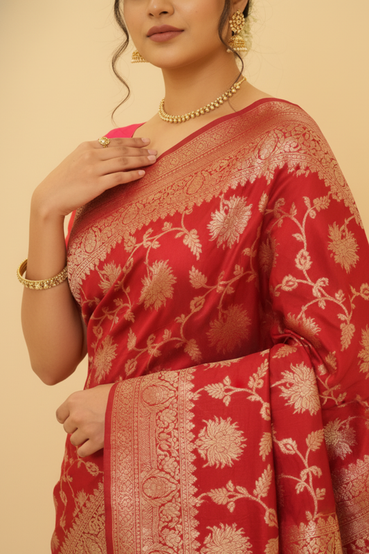 Grace Redefined Red Banarasi Silk Saree With Unstitched Blouse