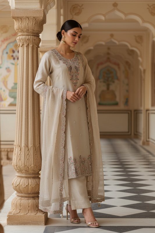 Tussar Tissue Readymade Suit & Palazzo Pant With Tissue Dupatta