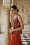 Rust Georgette Readymade Short Top Sharara Set With Shrug