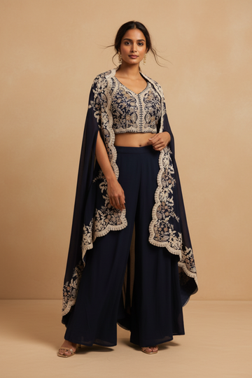 Midnight Blue Dola Readymade and Sharara Set With Shrug