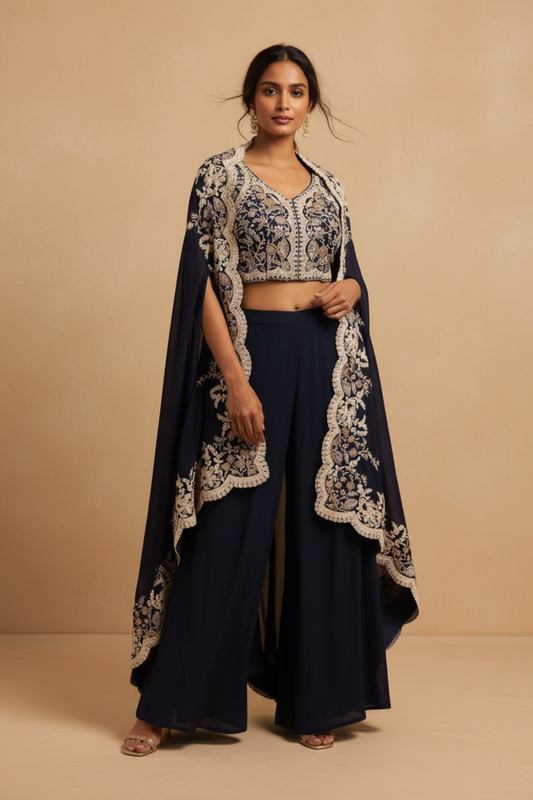 Midnight Blue Dola Readymade and Sharara Set With Shrug
