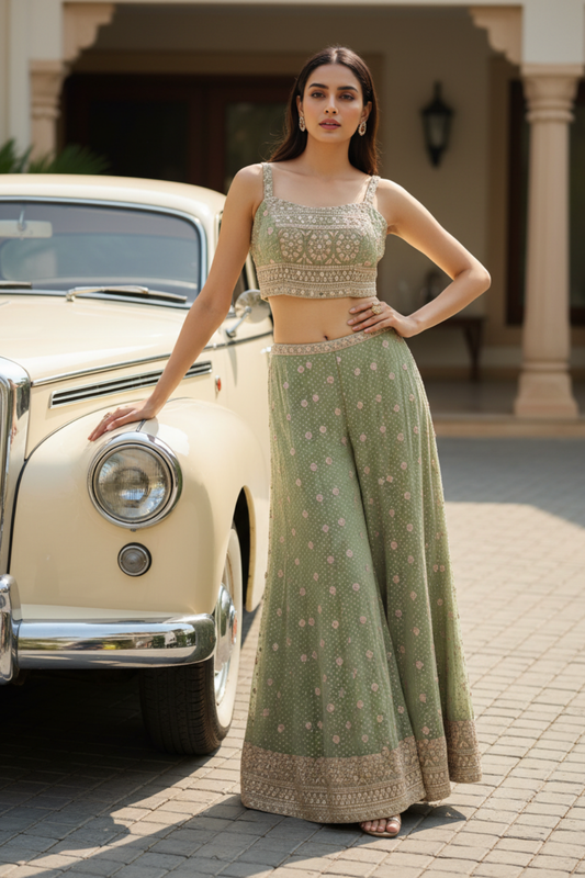 Mint Green Shimmer Embroidered Readymade Sharara Set With Shrug