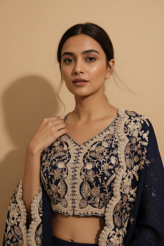 Midnight Blue Dola Readymade and Sharara Set With Shrug