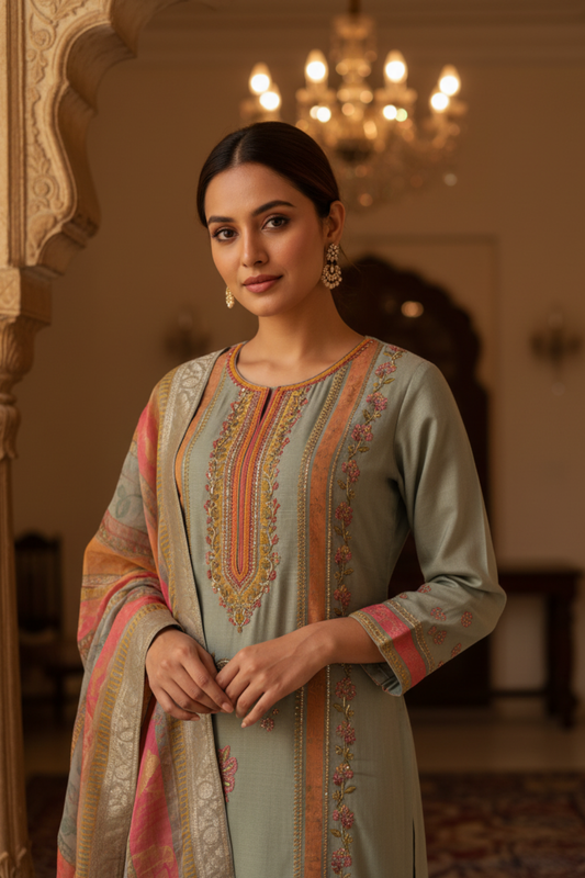 Olive Shimmer Readymade Suit & Palazzo Pants With Shimmer Dupatta