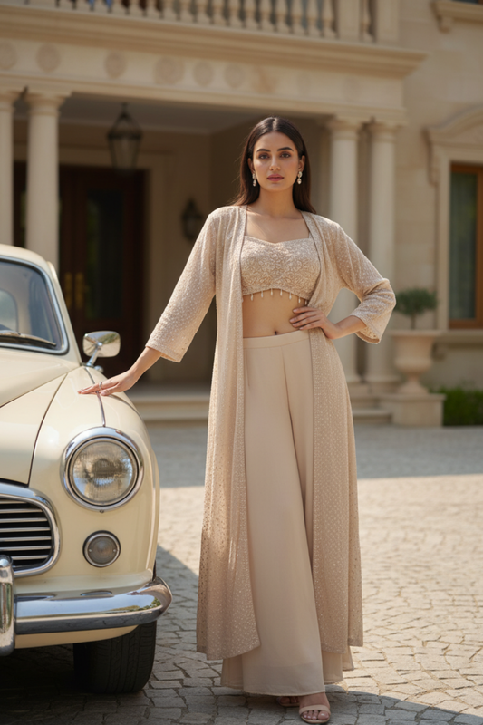 Tussar Georgette Readymade Short Top Sharara Set With Shrug