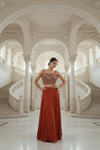 Rust Georgette Readymade Short Top Sharara Set With Shrug