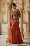 Rust Georgette Readymade Short Top Sharara Set With Shrug