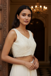 Off White Georgette Readymade Short Top Sharara Set With Shrug