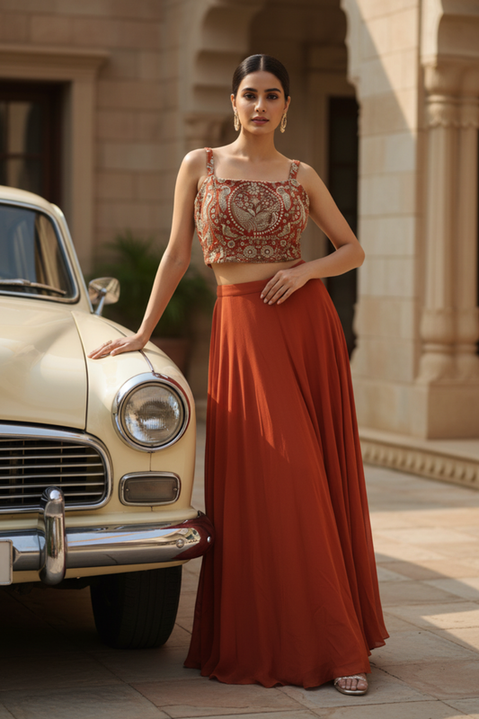 Rust Georgette Readymade Short Top Sharara Set With Shrug