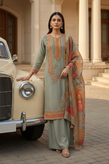 Olive Shimmer Readymade Suit & Palazzo Pants With Shimmer Dupatta