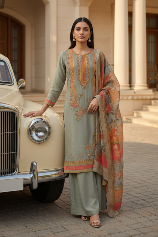 Olive Shimmer Readymade Suit & Palazzo Pants With Shimmer Dupatta