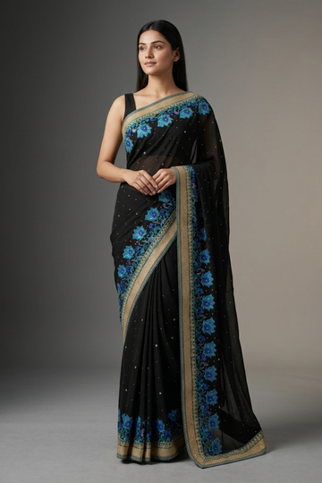 Black Crepe Embroidered Saree With Unstitched Blouse