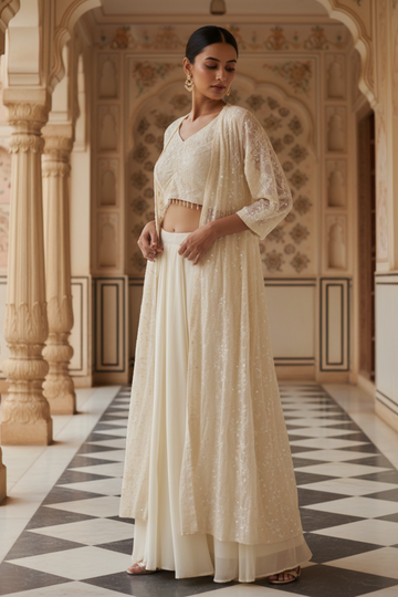 Off White Georgette Readymade Short Top Sharara Set With Shrug