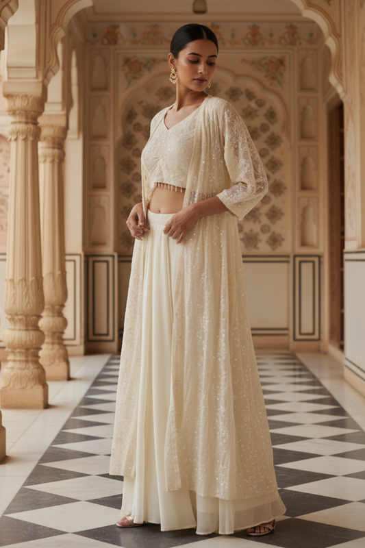 Off White Georgette Readymade Short Top Sharara Set With Shrug