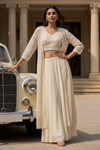 Off White Georgette Readymade Short Top Sharara Set With Shrug