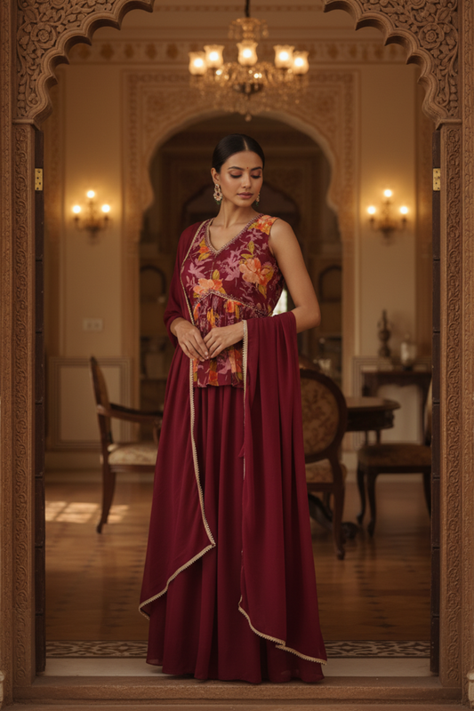 Wine Georgette Readymade Sharara Set With Georgette Dupatta