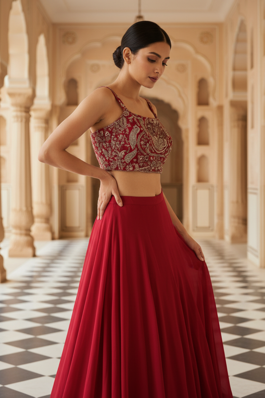 Rani Georgette Readymade Short Top Sharara Set With Shrug