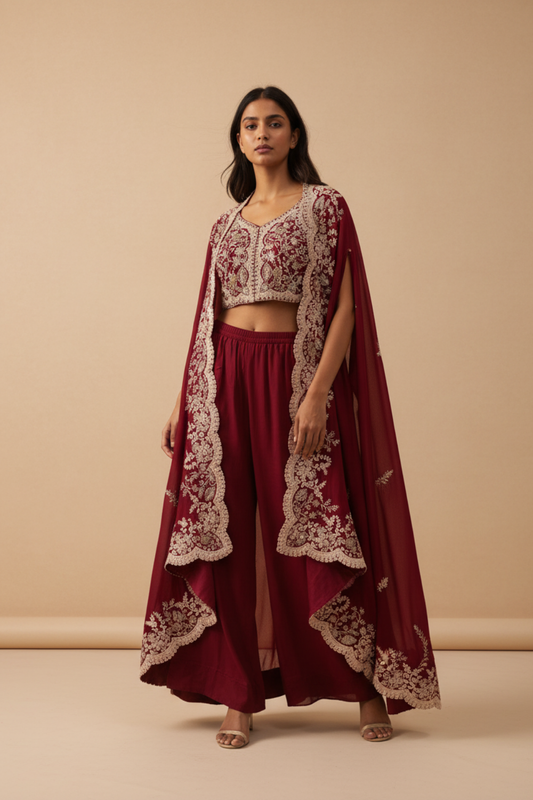 Maroon Dola Readymade and Sharara Set With Shrug