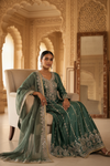Bottle Green Tissue Readymade Sharara Set With Net Dupatta
