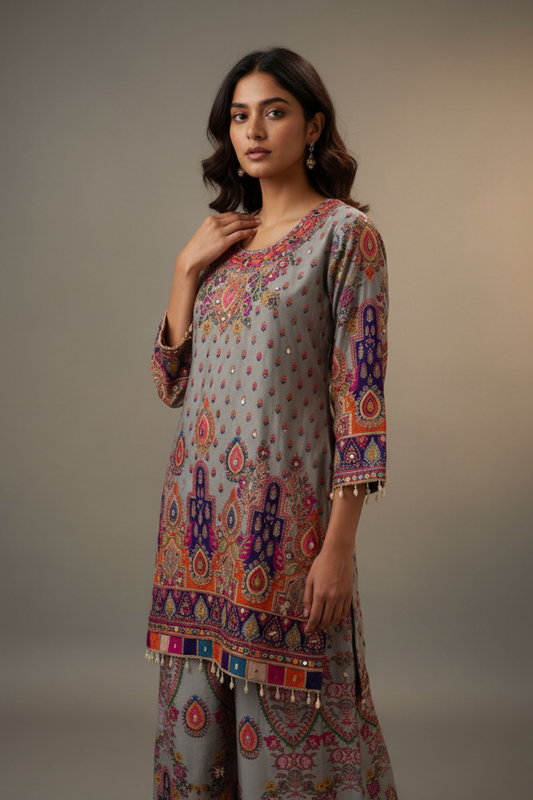 Grey Crepe Readymade Sharara Set With Crepe Dupatta